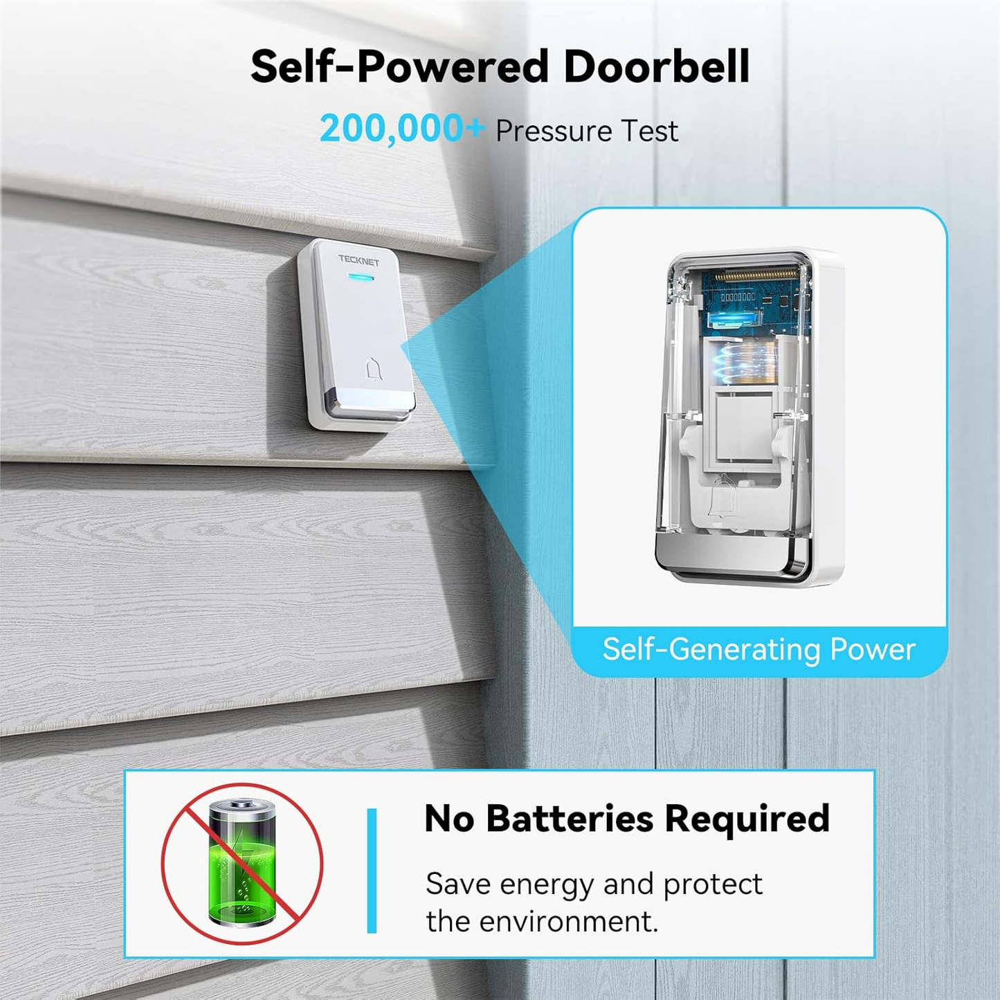 Wireless Self-Powered Doorbell with Plug-In LED Receiver – 1300ft Range